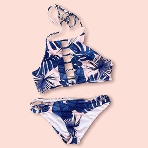 Bikini Lab Halter Cut Out Bikini Pink w/ Blue Palm Fronds Leaves